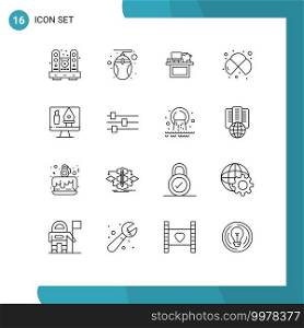Modern Set of 16 Outlines and symbols such as cells, table, technology, place, monitor Editable Vector Design Elements