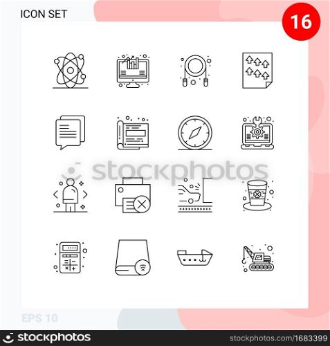 Modern Set of 16 Outlines and symbols such as design, communication, skipping, chat, paper Editable Vector Design Elements