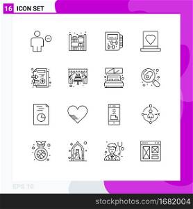 Modern Set of 16 Outlines and symbols such as documents, marriage, fitness, love, groom Editable Vector Design Elements