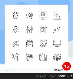 Modern Set of 16 Outlines and symbols such as flask, chemistry, computer, technology, jack Editable Vector Design Elements