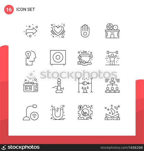 Modern Set of 16 Outlines and symbols such as human, bulb, hand, idea, theater Editable Vector Design Elements