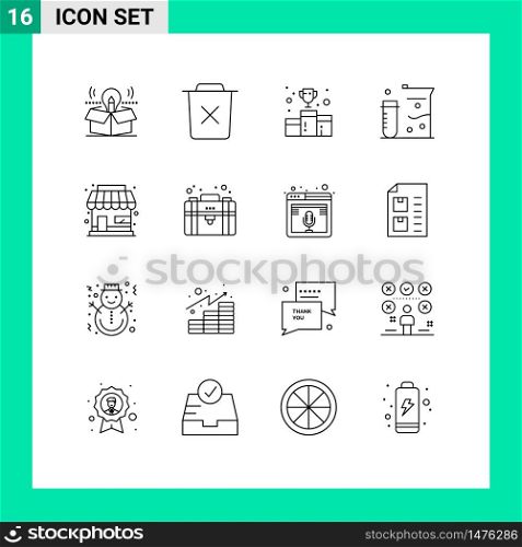 Modern Set of 16 Outlines and symbols such as laboratory, chemistry, remove, number, first position Editable Vector Design Elements