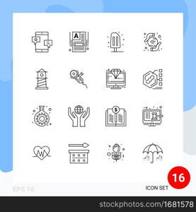 Modern Set of 16 Outlines and symbols such as lighthouse, wireless, web builder, wifi, sweet Editable Vector Design Elements