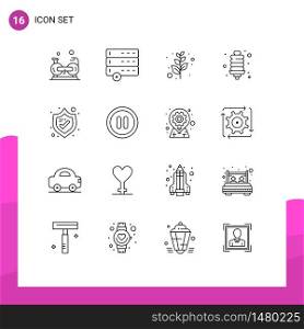 Modern Set of 16 Outlines and symbols such as shield, protection, branch, energy, energy bulb Editable Vector Design Elements
