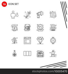 Modern Set of 16 Outlines and symbols such as watch kit, arrows, nature, horn, can Editable Vector Design Elements
