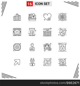 Modern Set of 16 Outlines Pictograph of concert, game, customer, wheel, add Editable Vector Design Elements