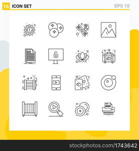 Modern Set of 16 Outlines Pictograph of excel, photo, dna, interior, frame Editable Vector Design Elements