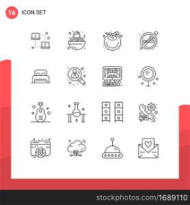 Modern Set of 16 Outlines Pictograph of room, bed, coconut, smoking, no Editable Vector Design Elements
