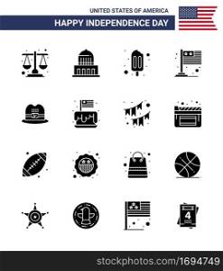 Modern Set of 16 Solid Glyphs and symbols on USA Independence Day such as american  hat  ice cream  usa  flag Editable USA Day Vector Design Elements
