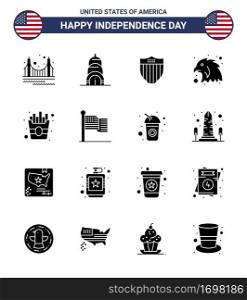 Modern Set of 16 Solid Glyphs and symbols on USA Independence Day such as fries; fast; american; eagle; animal Editable USA Day Vector Design Elements