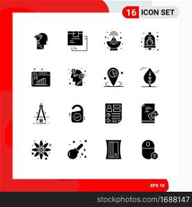 Modern Set of 16 Solid Glyphs and symbols such as business report, notification, product, bell, bug Editable Vector Design Elements