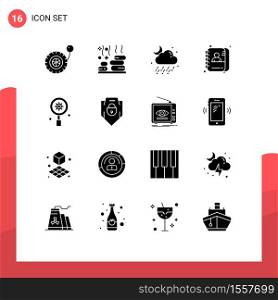 Modern Set of 16 Solid Glyphs and symbols such as gear, search, rain, id, employee Editable Vector Design Elements