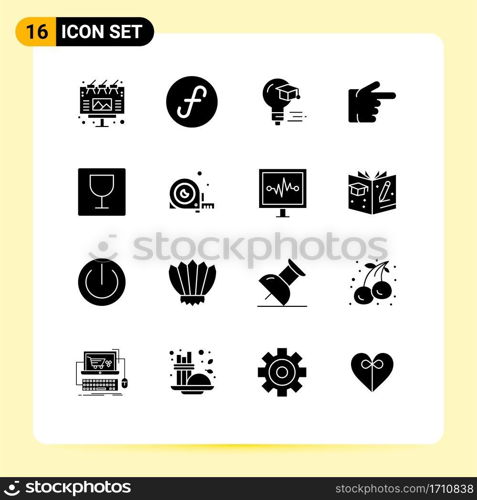 Modern Set of 16 Solid Glyphs and symbols such as photo, editor, bulb, right, finger Editable Vector Design Elements