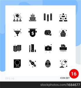 Modern Set of 16 Solid Glyphs and symbols such as seo, funnel, education, filter, delegating Editable Vector Design Elements