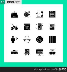 Modern Set of 16 Solid Glyphs and symbols such as transport, bicycle, maintenance, web security, password Editable Vector Design Elements