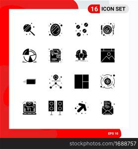 Modern Set of 16 Solid Glyphs Pictograph of analytics, pie, medicine, chart, breakfast Editable Vector Design Elements