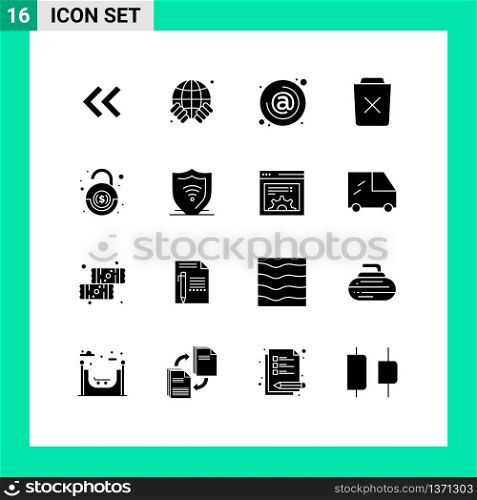 Modern Set of 16 Solid Glyphs Pictograph of bank, remove, at, delete, basic Editable Vector Design Elements