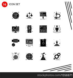 Modern Set of 16 Solid Glyphs Pictograph of conference, research, ad, microscope, promo Editable Vector Design Elements