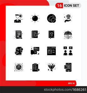 Modern Set of 16 Solid Glyphs Pictograph of document, international, computers, global, gadget Editable Vector Design Elements