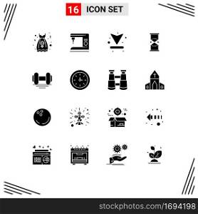 Modern Set of 16 Solid Glyphs Pictograph of dumbbell, watch, arrow, timer, hourglass Editable Vector Design Elements