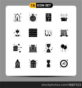 Modern Set of 16 Solid Glyphs Pictograph of flower, open box, app, launch, release Editable Vector Design Elements