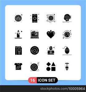 Modern Set of 16 Solid Glyphs Pictograph of idea, creativity, health, creative, sprint Editable Vector Design Elements