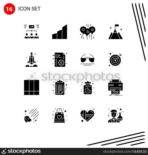 Modern Set of 16 Solid Glyphs Pictograph of interface, flag, modern building, mountain, heart Editable Vector Design Elements