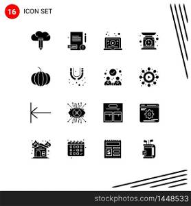 Modern Set of 16 Solid Glyphs Pictograph of mechanical, vegetable, tutorial, pumpkin, scale Editable Vector Design Elements