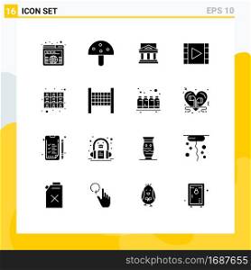 Modern Set of 16 Solid Glyphs Pictograph of media, house, vegetable, government, court Editable Vector Design Elements