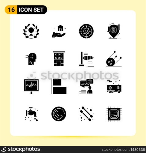 Modern Set of 16 Solid Glyphs Pictograph of mental chang, finance, settings, money, transaction Editable Vector Design Elements