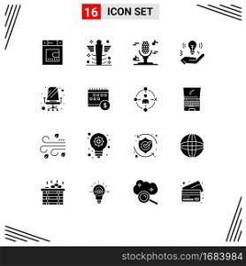 Modern Set of 16 Solid Glyphs Pictograph of office, chair, audio, bulb, idea Editable Vector Design Elements