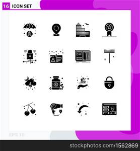 Modern Set of 16 Solid Glyphs Pictograph of ribbon, badges, pin, office, building Editable Vector Design Elements