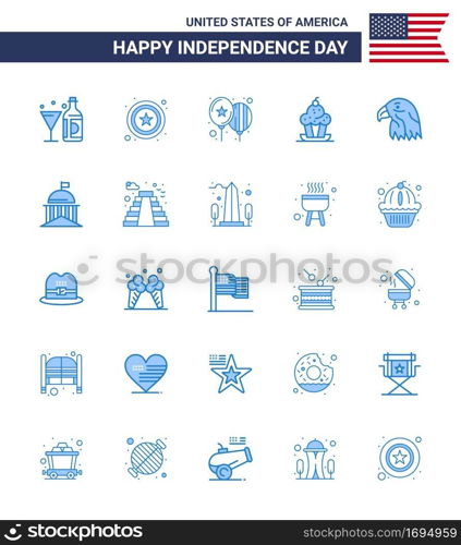 Modern Set of 25 Blues and symbols on USA Independence Day such as animal  sweet  balloons  muffin  cake Editable USA Day Vector Design Elements