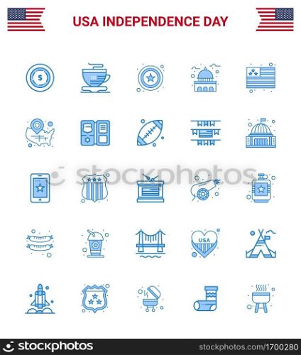 Modern Set of 25 Blues and symbols on USA Independence Day such as map  flag  sign  country  usa Editable USA Day Vector Design Elements