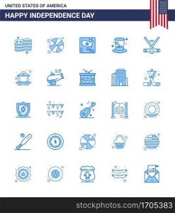 Modern Set of 25 Blues and symbols on USA Independence Day such as american  ice sport  map  hokey  presidents Editable USA Day Vector Design Elements