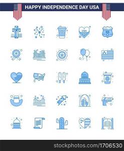 Modern Set of 25 Blues and symbols on USA Independence Day such as security  shield  cola  american  love Editable USA Day Vector Design Elements