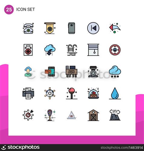 Modern Set of 25 Filled line Flat Colors Pictograph of direction, arrow, camera, music, arrows Editable Vector Design Elements