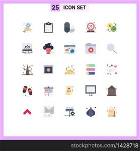 Modern Set of 25 Flat Colors Pictograph of euro, exchange, center, currency, pin Editable Vector Design Elements