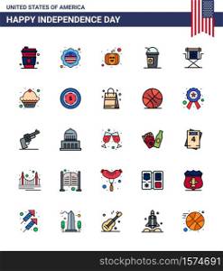 Modern Set of 25 Flat Filled Lines and symbols on USA Independence Day such as movies; chair; american; states; american Editable USA Day Vector Design Elements