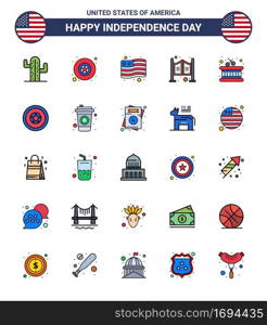 Modern Set of 25 Flat Filled Lines and symbols on USA Independence Day such as holiday  instrument  flag  drum  saloon Editable USA Day Vector Design Elements