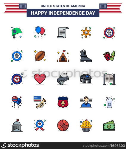 Modern Set of 25 Flat Filled Lines and symbols on USA Independence Day such as bird  police sign  file  star  men Editable USA Day Vector Design Elements