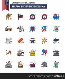 Modern Set of 25 Flat Filled Lines and symbols on USA Independence Day such as map; eagle; american; celebration; american Editable USA Day Vector Design Elements