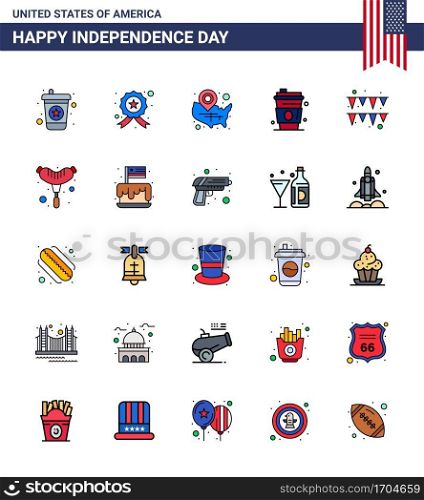 Modern Set of 25 Flat Filled Lines and symbols on USA Independence Day such as garland  usa  states  juice  alcohol Editable USA Day Vector Design Elements