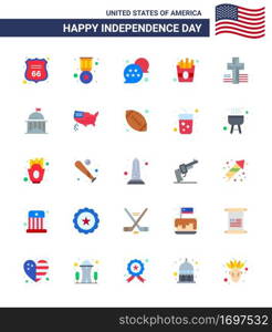 Modern Set of 25 Flats and symbols on USA Independence Day such as church  american  flag  fries  fast Editable USA Day Vector Design Elements