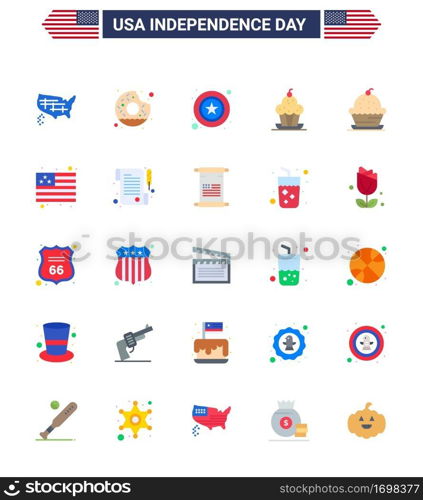 Modern Set of 25 Flats and symbols on USA Independence Day such as country; sweet; men; muffin; cake Editable USA Day Vector Design Elements