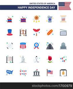Modern Set of 25 Flats and symbols on USA Independence Day such as hat  usa  western  american  scroll Editable USA Day Vector Design Elements