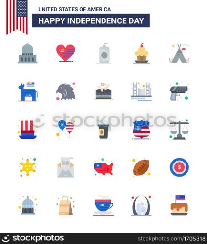 Modern Set of 25 Flats and symbols on USA Independence Day such as tent free; sweet; bottle; muffin; cake Editable USA Day Vector Design Elements