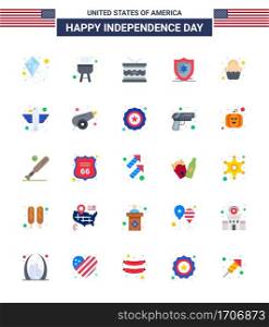 Modern Set of 25 Flats and symbols on USA Independence Day such as celebration; party; irish; cake; protection Editable USA Day Vector Design Elements
