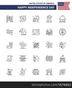 Modern Set of 25 Lines and symbols on USA Independence Day such as dessert; independece; feather; holiday; cole Editable USA Day Vector Design Elements