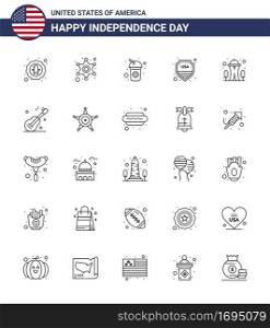 Modern Set of 25 Lines and symbols on USA Independence Day such as building  sign  police sign  shield  soda Editable USA Day Vector Design Elements